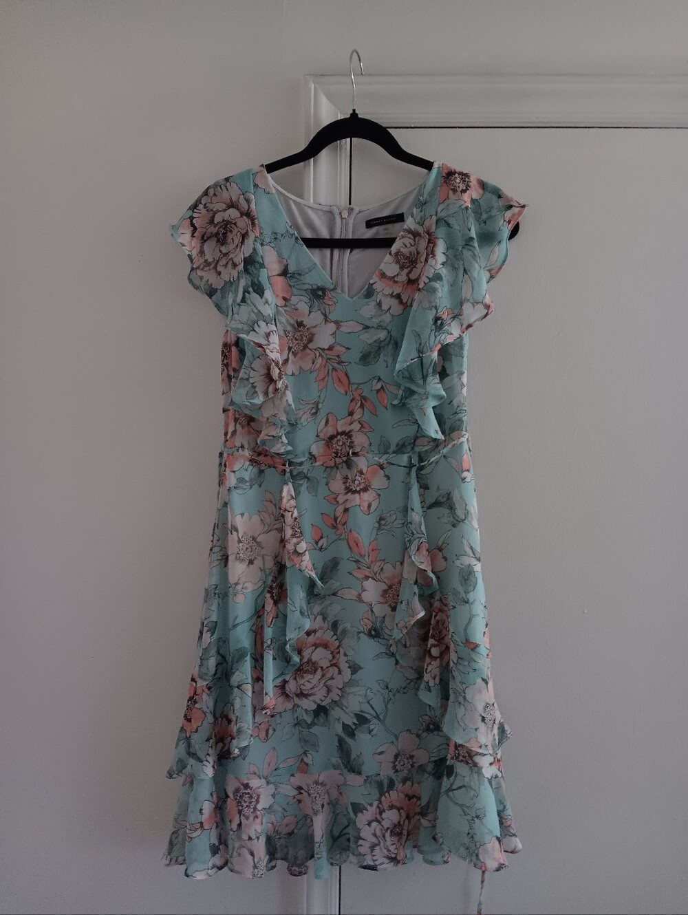 Tommy Hilfiger Floral Ruffle V-Neck Dress - Mint Pink Size 2
